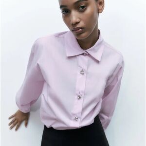 ZARA 100% cotton top shirt 1/2 button up chunky jewel buttons light pink size